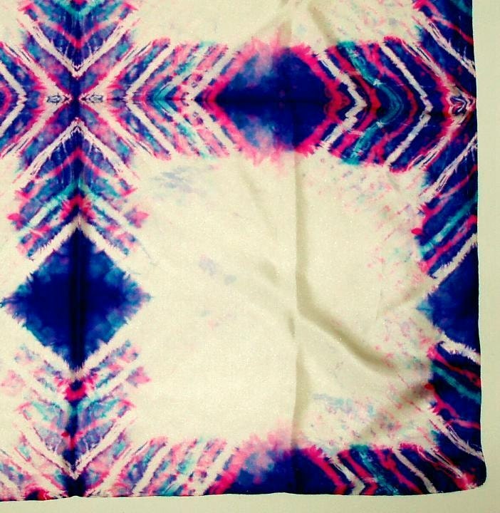 Hand Dyed square SILK SCARF, geometric design, Japanese silk, 28x27 inches, pink, turquoise, royal blue and white