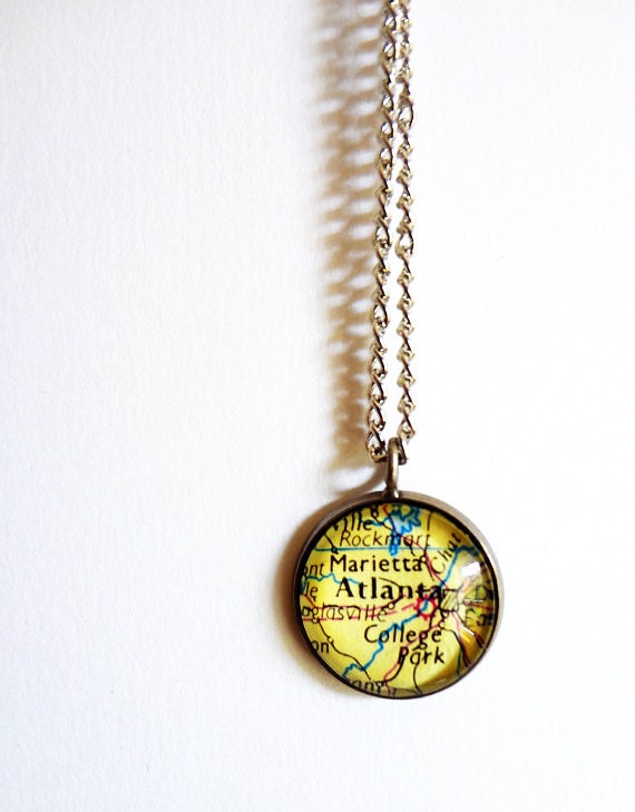 Personalized jewelry, map pendant, yellow, vintage maps