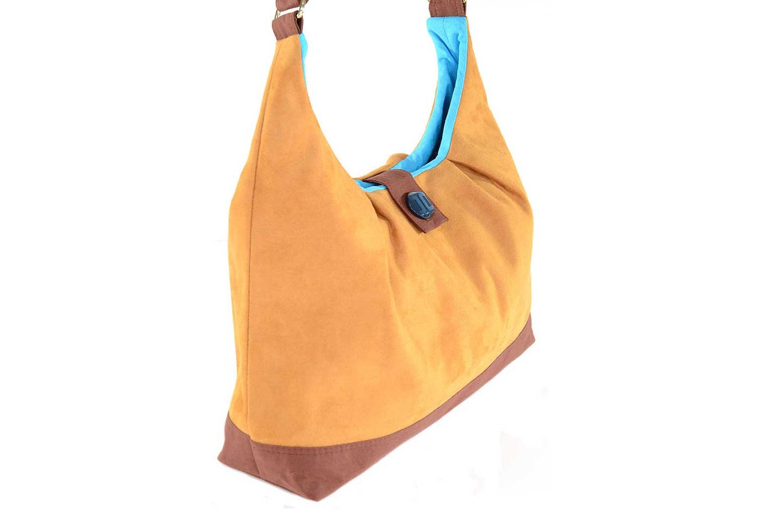 Pleated and Curved Gold Microsuede Shoulder Bag with Teal Lining