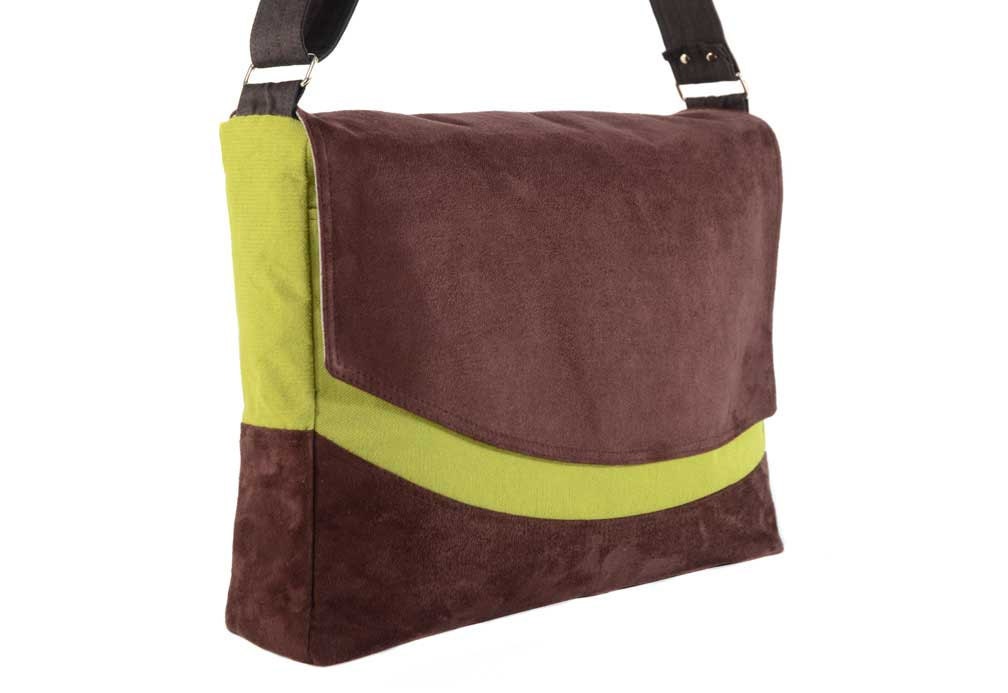 Plum Microsuede and Green Wool Messenger Bag with Light Gray Lining