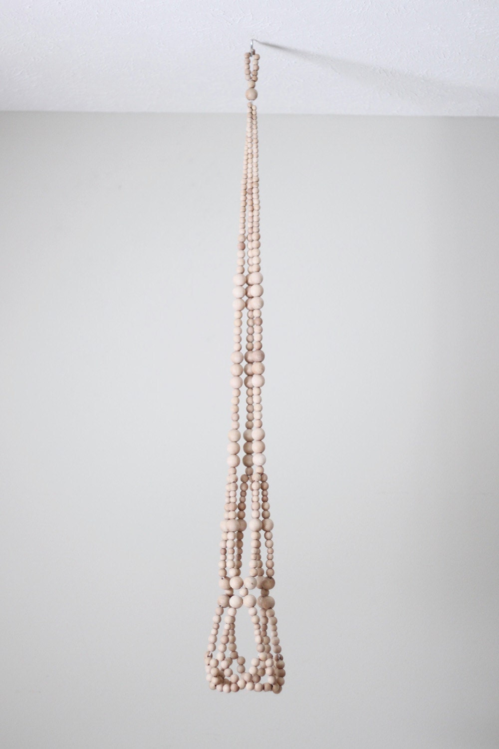 Beaded Hanging Planter / Scandinavian Modern Plant Hanger / Natural Wood Beads / Spring Decor