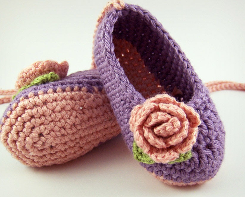 Lavender Crochet Baby Booties with Flowers, Knit Baby Booties