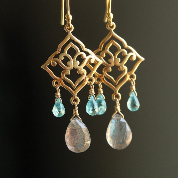 Lotus in the Moonlight Labradorite and Apatite, Gold Vermeil Earrings