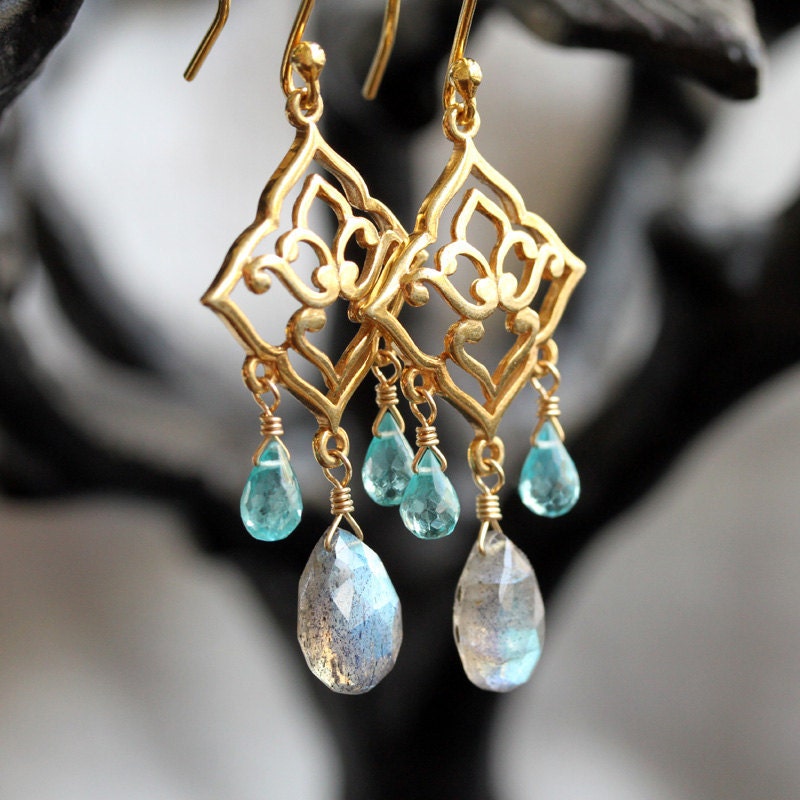 Lotus in the Moonlight Labradorite and Apatite, Gold Vermeil Earrings