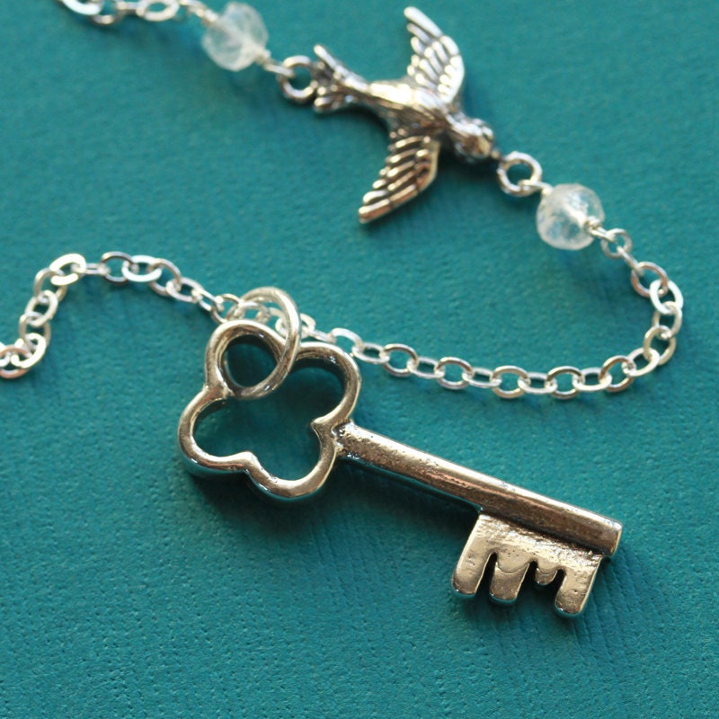 Whispers of Days Past, Sterling Silver Skeleton Key and Songbird Necklace