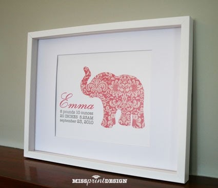 Elephant Baby Nursery Art, Personalized, Baby Shower Gift 8x10