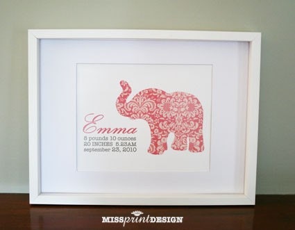 Elephant Baby Nursery Art, Personalized, Baby Shower Gift 8x10