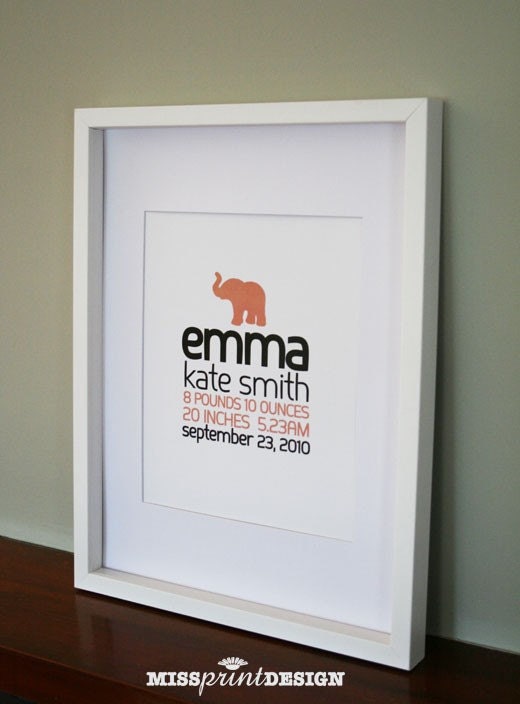 Elephant Baby Nursery Art, Personalized, Baby Shower Gift 8x10