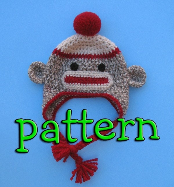 PDF Crochet Pattern, Sock Monkey Hat with Earflaps, Braids, and Pompom or Flower, Newborn to Teen Size, Sell What you Make