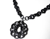 Chainmaille necklace, Black, Gothic, Statement necklace, Helm Flower variation, Medallion