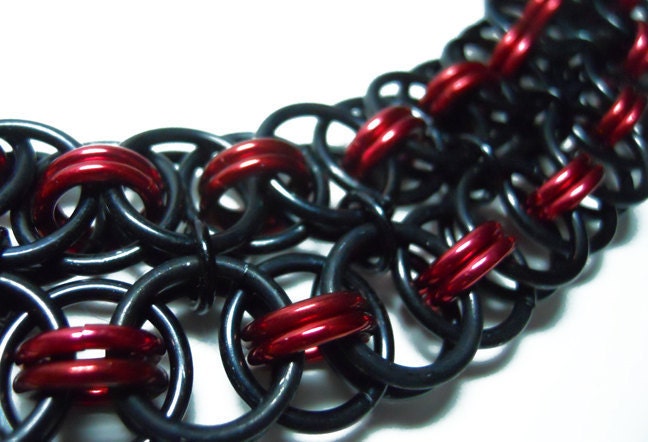 Gothic Chainmaille bracelet, Cuff, Black and red, Double Helm chain weave
