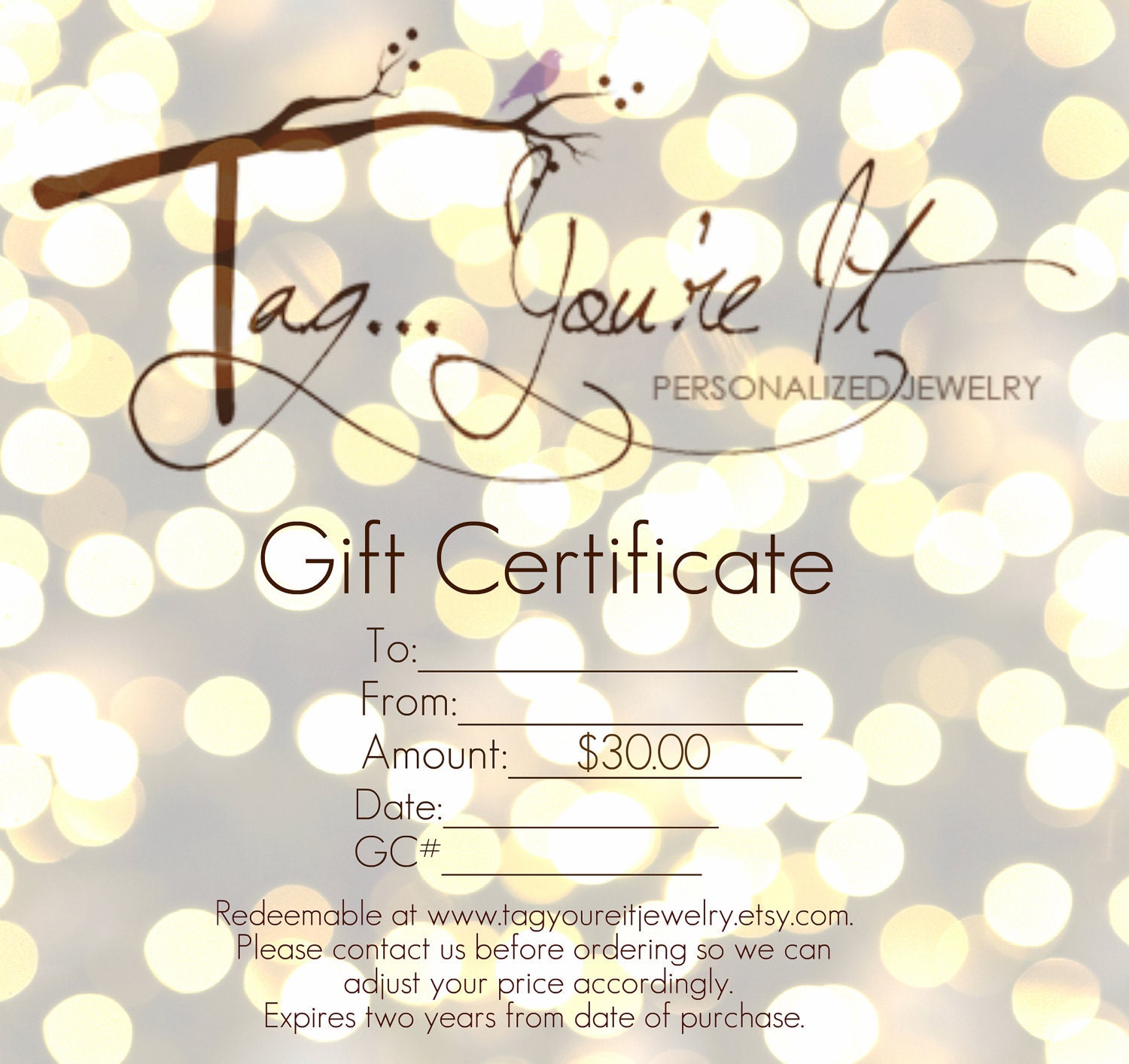 30 Dollar Gift Certificate to Tag...You're It Personalized Jewelry on Etsy, Hand Stamped Jewelry