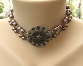Steampunk Industrial Gear and Double Pearl Choker