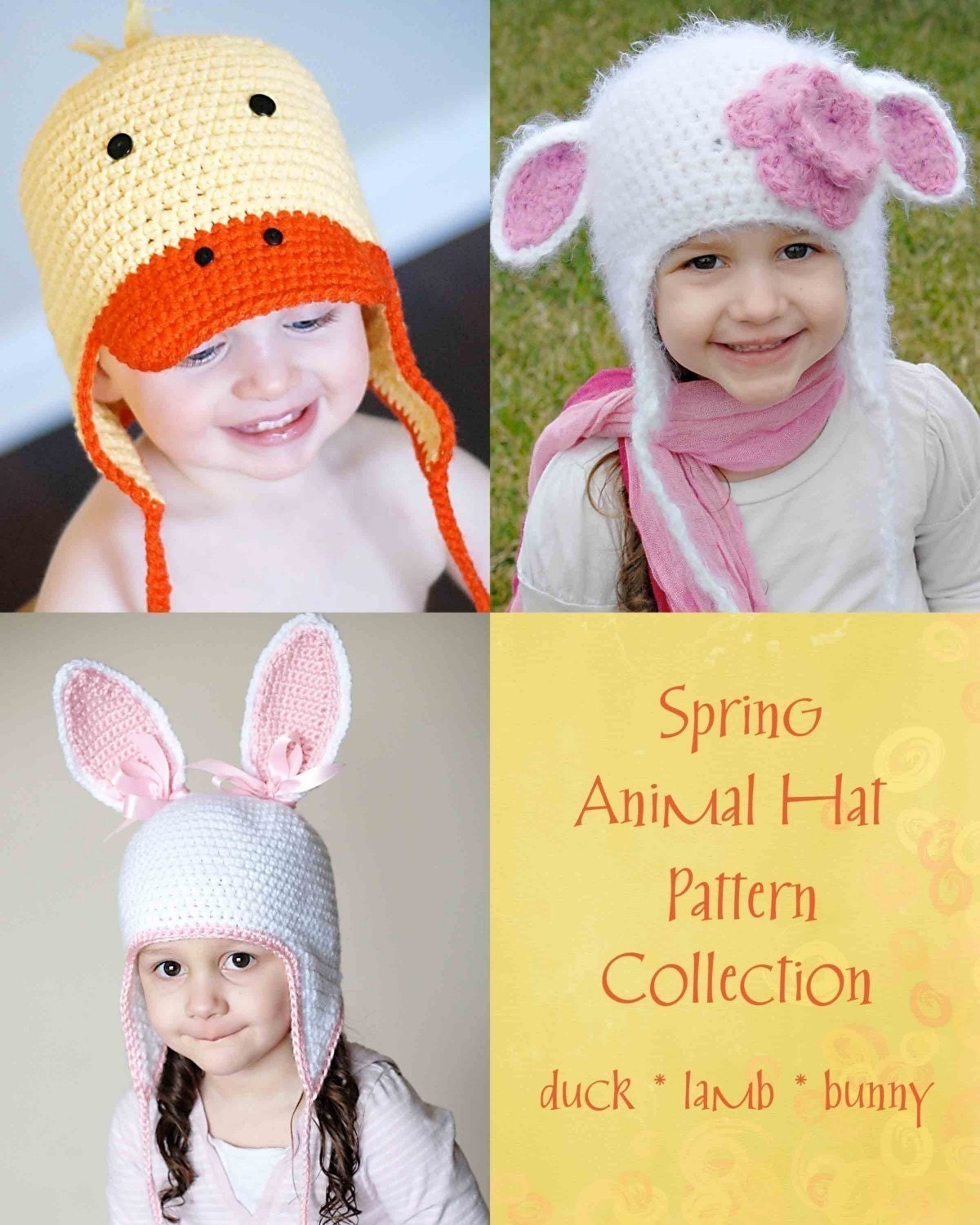 Spring Animal Crochet Hat Patterns Collection (Bunny, Duck and Lamb), (Permission to sell all finished products)