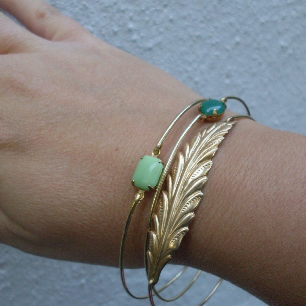Woodland, Bangle Bracelet Set, Forest Jewelry, Green Bracelet, Gold Stacking Bracelets, Woodland Jewelry, Green Jewelry, Nature Jewelry