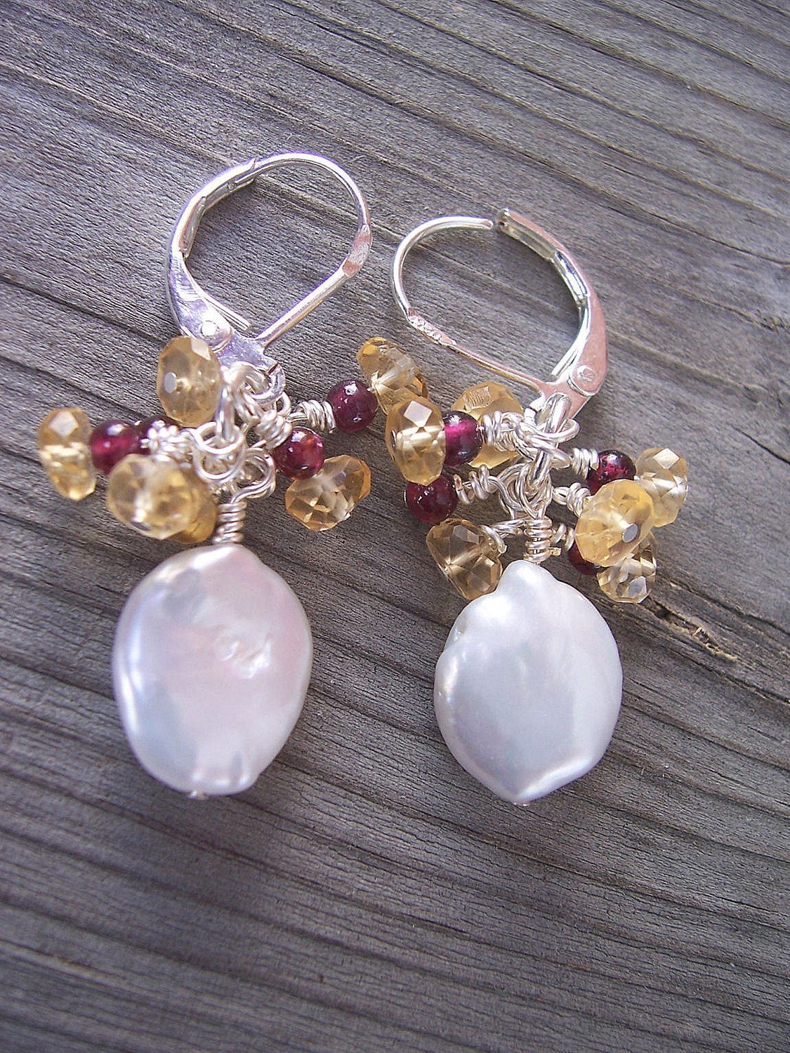 Citrine, pearl and garnet earrings