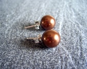 Coffee brown pearl and sterling post earrings, stud earrings