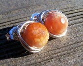 Fire agate wire wrapped sterling silver stud earrings, post earrings