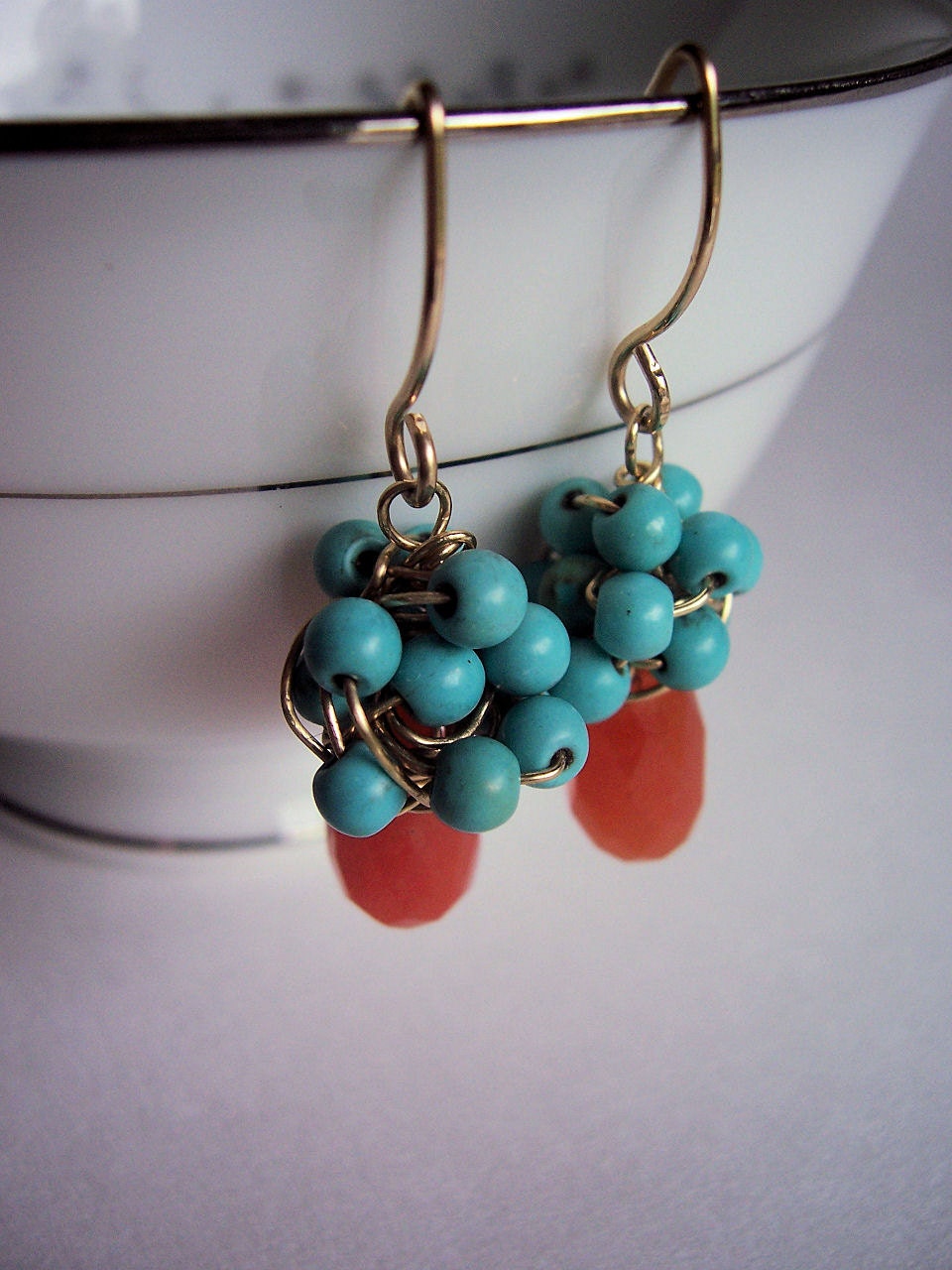 Turquoise and orange jade gold earrings, turquoise earrings, turquoise jewelry