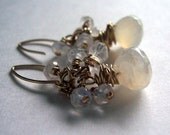 White pearl chalcedony and moonstone gold wire wrapped earrings, wedding earrings
