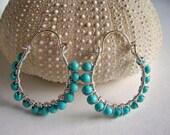 Turquoise and sterling silver wire wrapped hoop earrings, turquoise jewelry