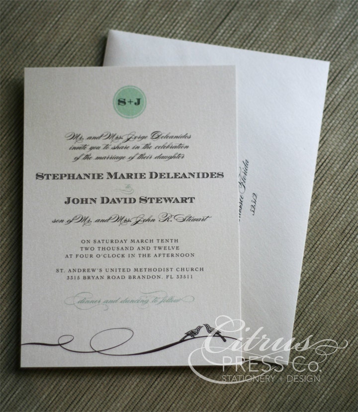 Monogram Love Birds with Flowers Wedding Invitation /or/  DIY PDF Printable