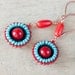 Beadwoven Red Coral Earrings with red and turquoise seed beads and copper wire - colorful beaded dangle earrings