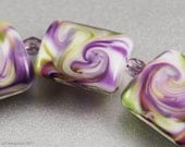 Violet Swirls - Handmade Glass Lampwork Beads, Square Nuggets, Purple, Green, SRA
