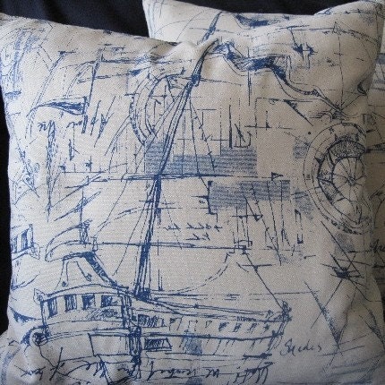 Nautical Sketches Decorative Pillow Yachts, Boats, Handmade