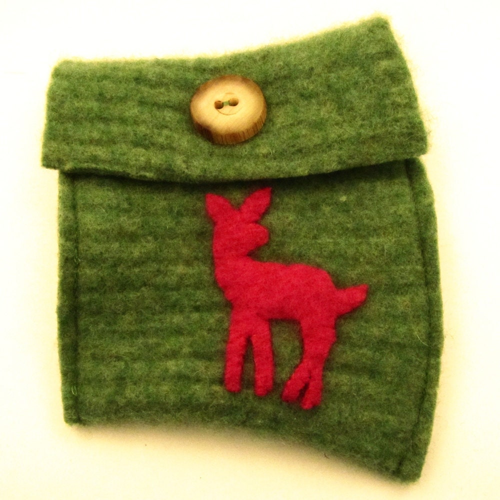 Felted Sweater Wool Pouch, Green and Pink Deer
