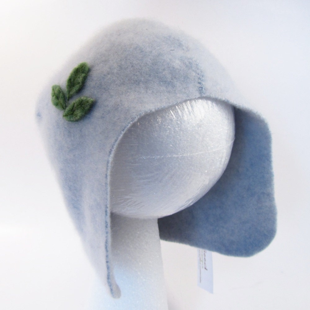 Upcycled Cashmere Baby Hat- Light Blue with Green Leaves, size 6 to 12 months