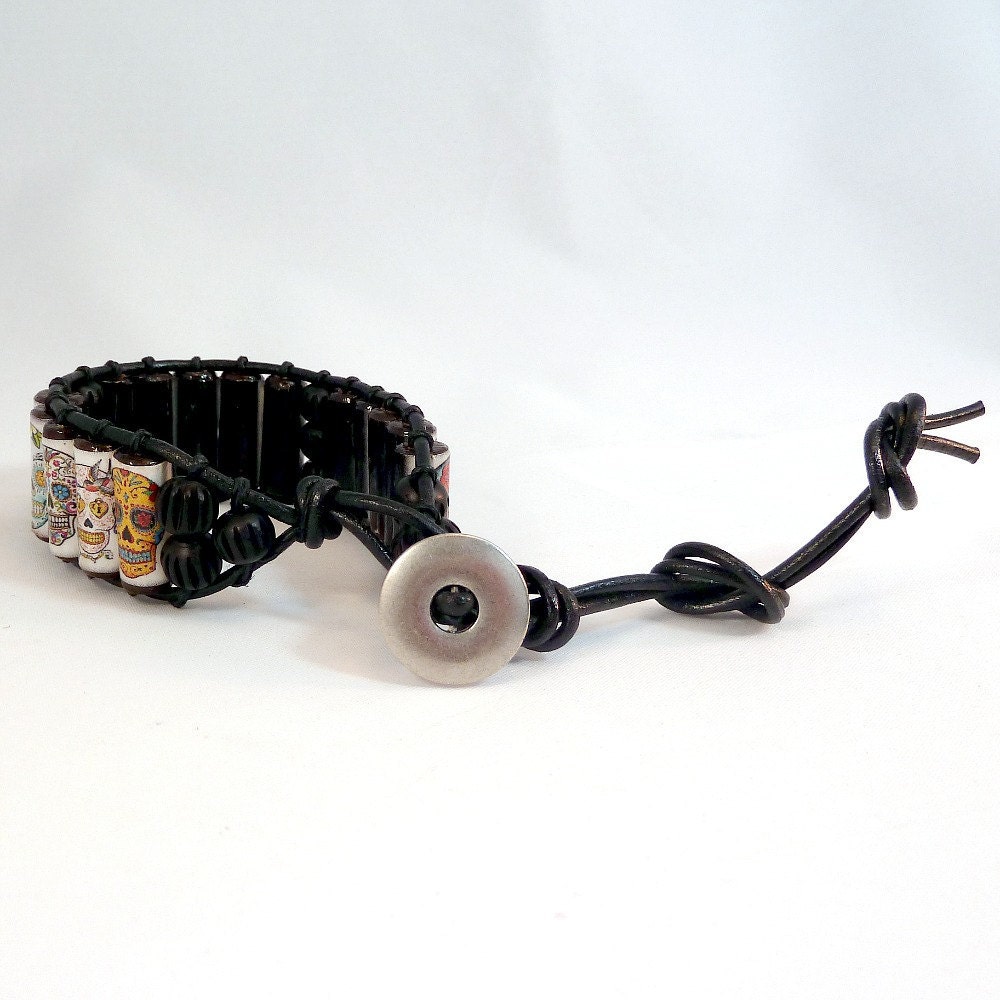 Sugar Skull Cuff Bracelet - Black Leather, Dia De Los Muertos, Day of the Dead Skulls