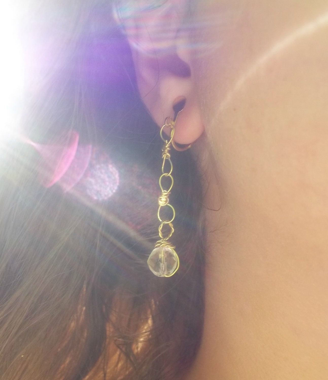 Clip On Simple Handmade Gold Wire Chain Crystal Drop Earrings (made to order)