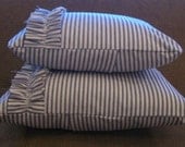 Blue and white ticking pillow cover with ruffle 12"x16"