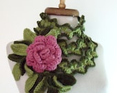 Palm Leaves lariat scarf with Rose brooch-Hand Crochet -Spring Fashion