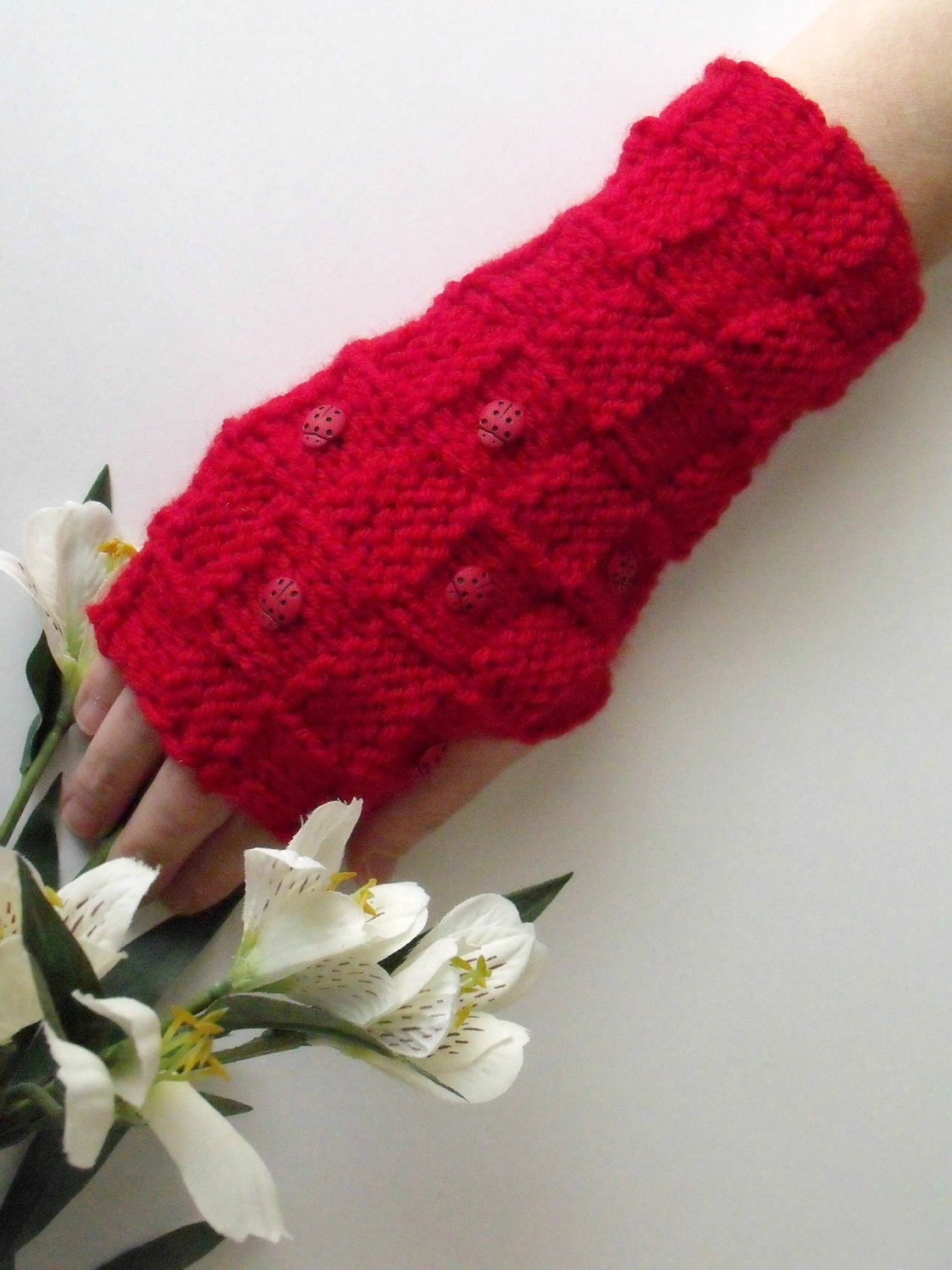 SUMMER SALE...Red LADYBUG Gloves - Wrist Warmers-Ready For Shipping