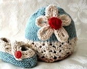Hand Knitted Baby Hat-Teal and Ivory Lace with Flower -cotton knitted baby Cloche-Knitted Children Clothing - THE REAL TEAL