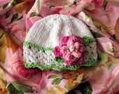 Hand Knitted Baby Hat in White Lace-Apple Green-All Weather Knitted Baby Hat-cotton knitted baby cloche-children clothing - SUNDAY BEST
