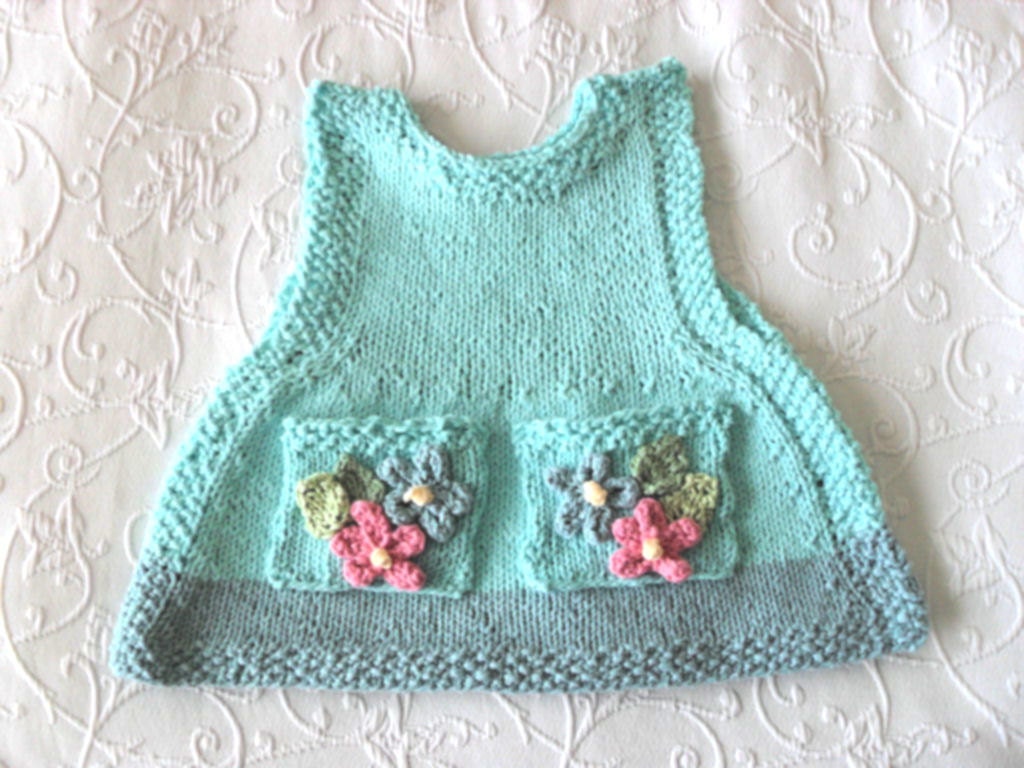 Hand Knitted Cotton Baby Girl Dress, Smock, Pinafore in Pastel Teal and Turquoise with Flower Embellishments-Children Clothing