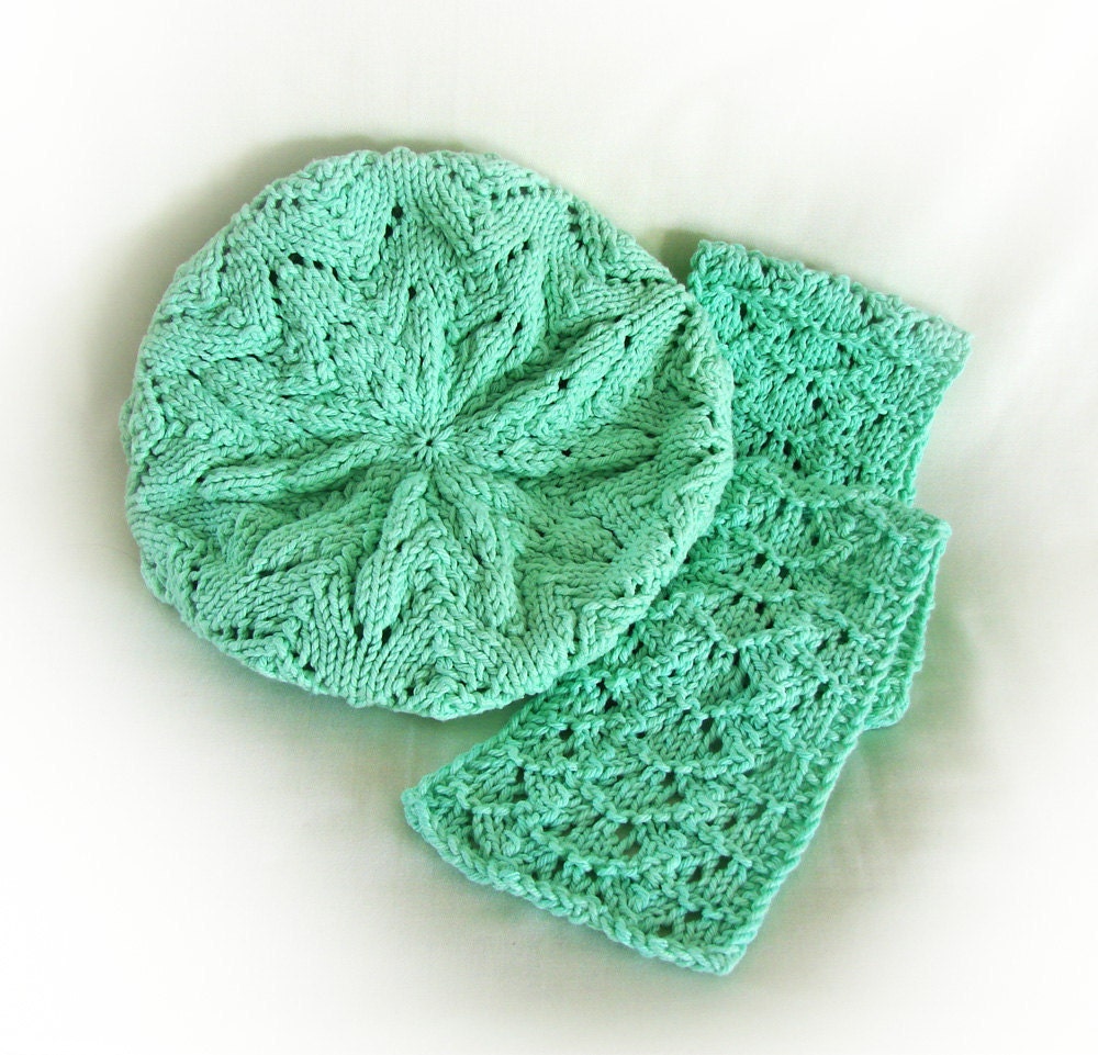 Lace Beret Hat and Scarf Set - Mint Green - all  Cotton