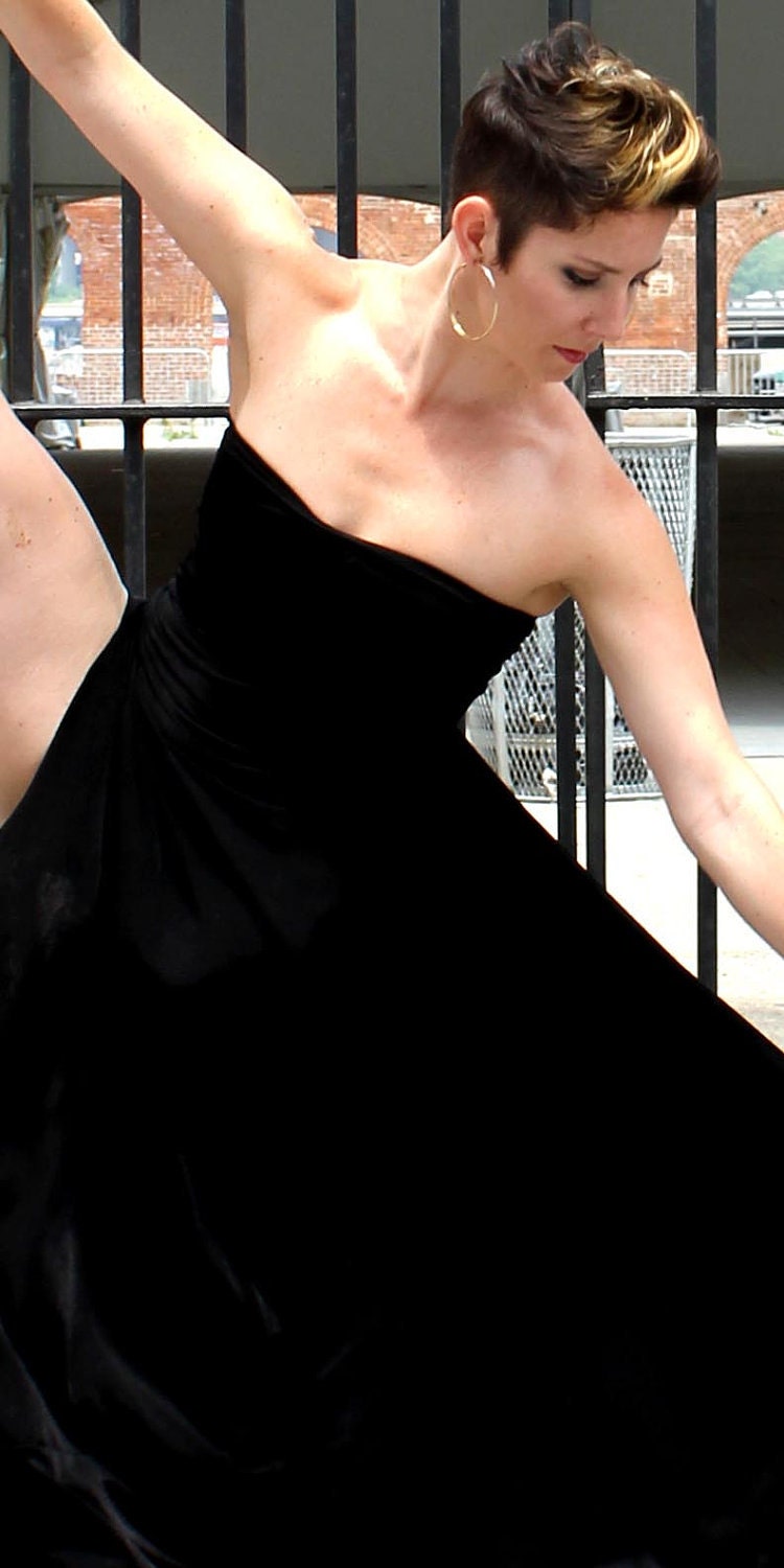 strapless maxi dress with cascading hem