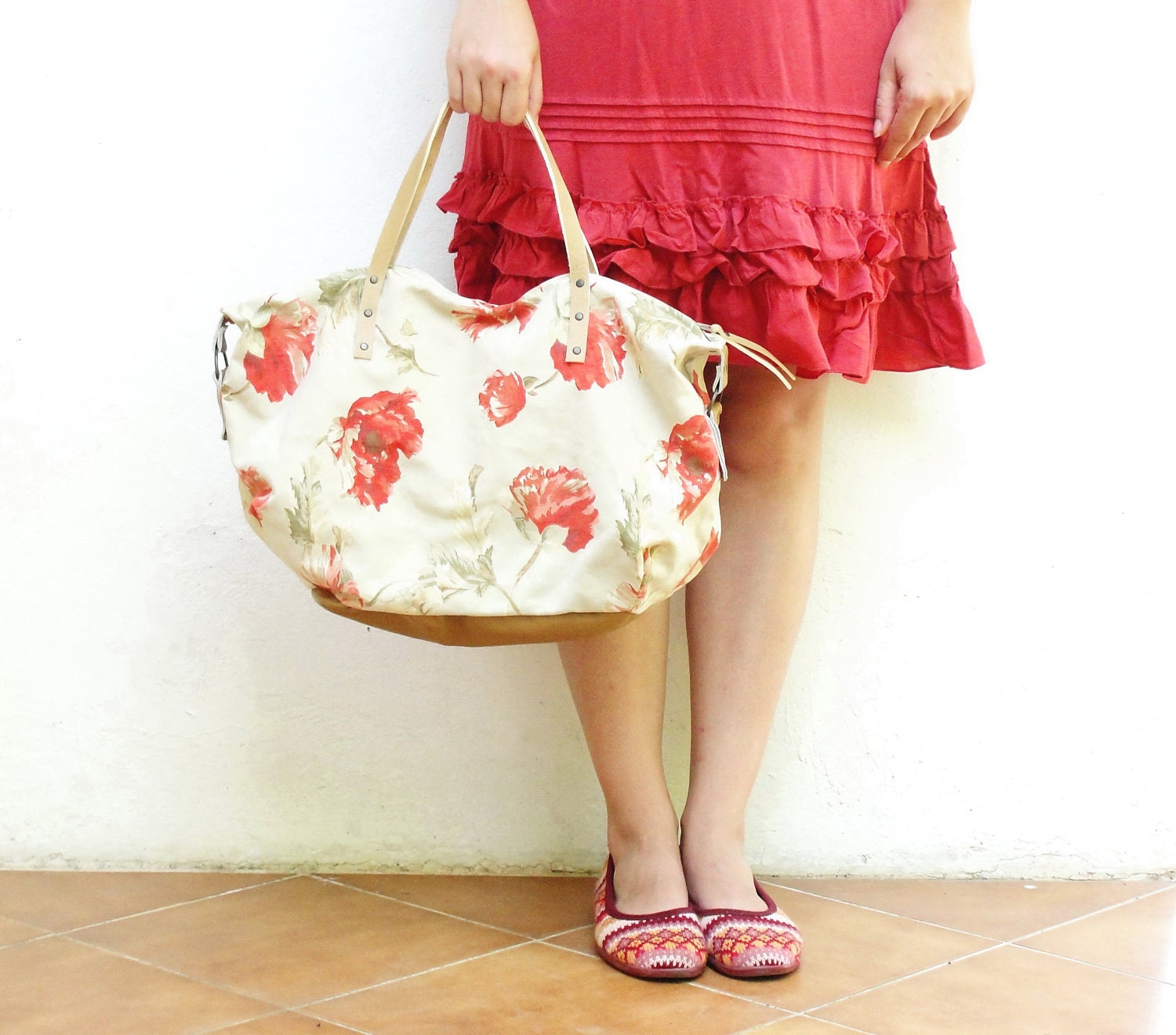 Canvas Leather Bag - Boho Poppy - upcycled eco friendly
