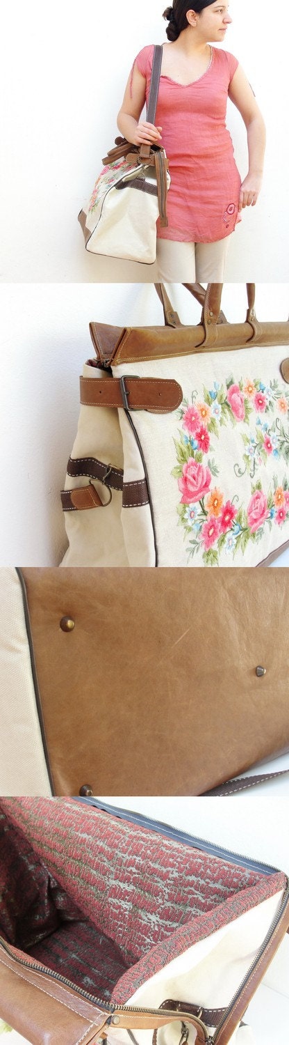 RESERVED Romantic Getaway Weekender - Leather, Embroidery and Canvas