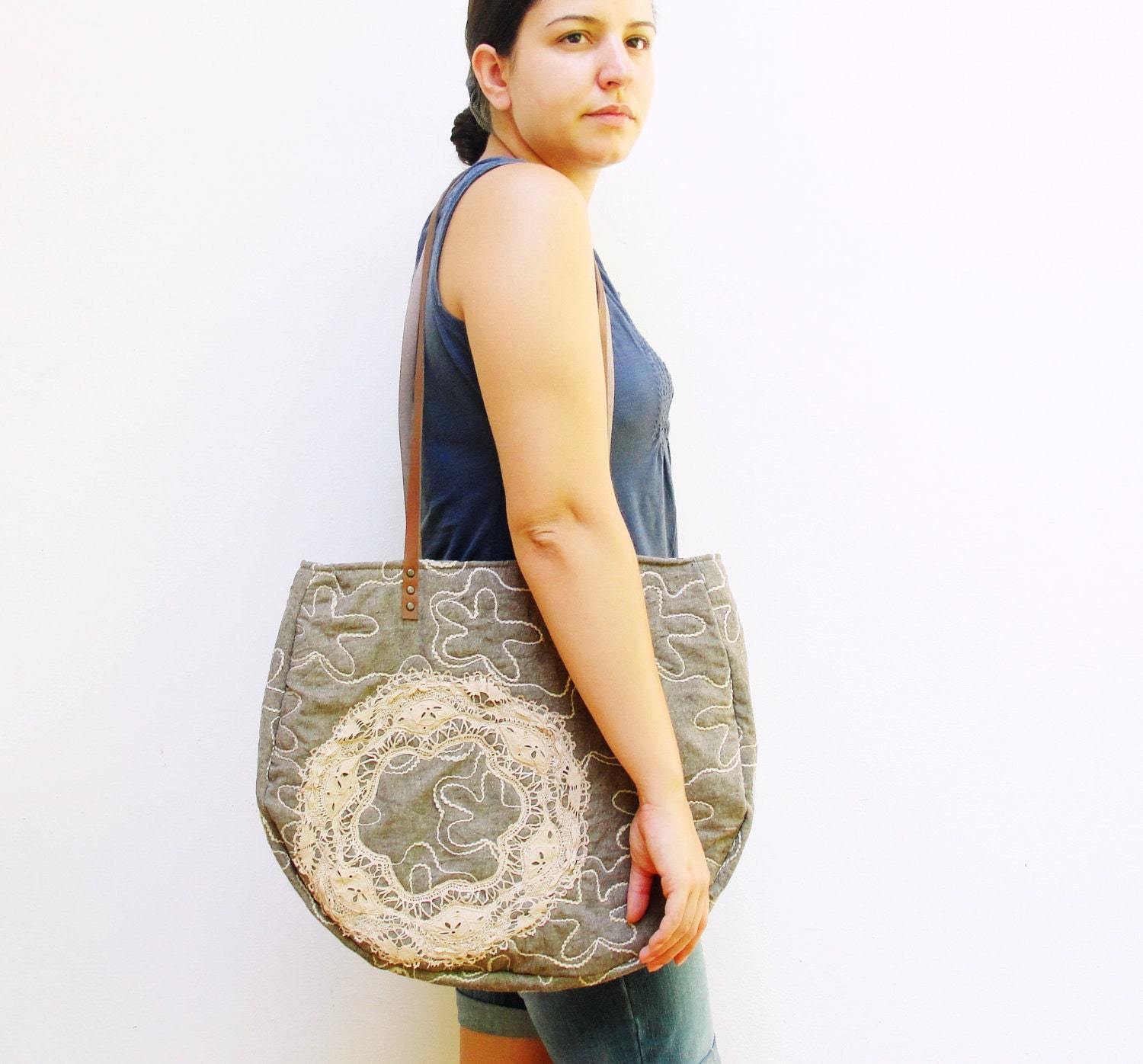 Nostalgia Large Bag - Linen, Quilted, Vintage Doily, Leather