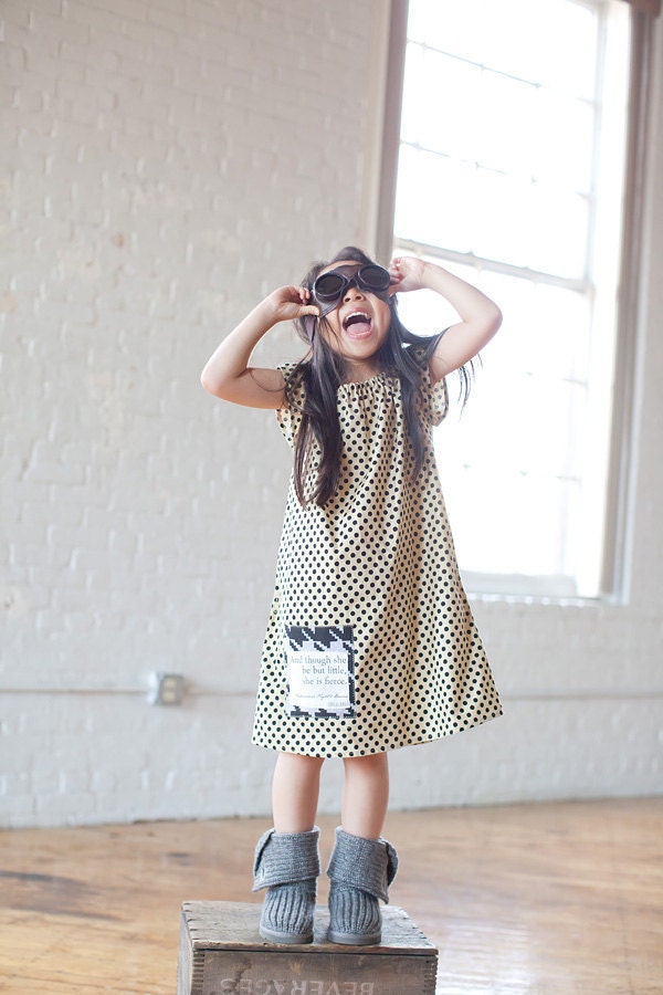 SALE 40% OFF - Fierce dress - Cream polka dot peasant dress with Shakespeare inspired applique - Fight like a girl