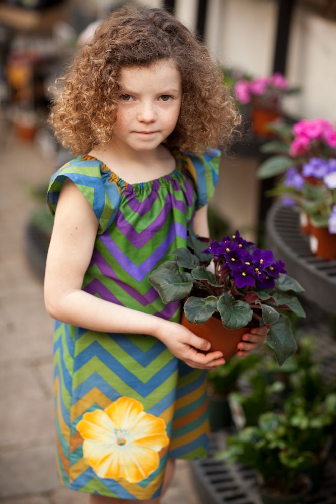 ON SALE - Multicolor chevron Peasant dress with yellow flower applique - Sizes 6m, 12m, 18m, 2T, 3T, 4, 5, 6, 7/8