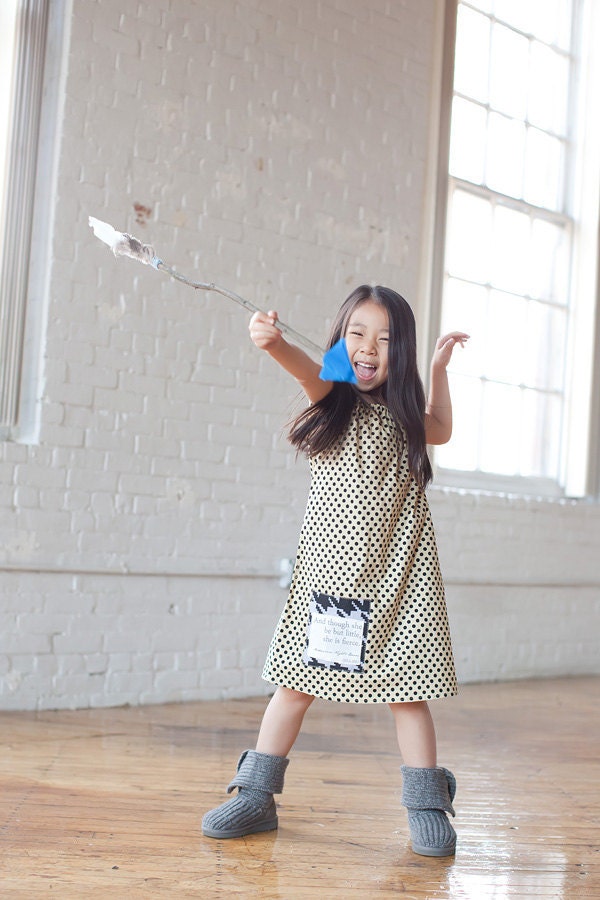 SALE 40% OFF - Fierce dress - Cream polka dot peasant dress with Shakespeare inspired applique - Fight like a girl