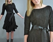 Vintage 50s Dress / black lace cocktail dress / black party dress w/ full skirt xs / s extra small / small