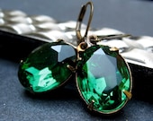 Emerald Green Jewel Earrings - Glass Emerald Green Vintage Jewels with Antique Brass Leverbacks