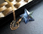 Blue Star Necklace, Swarovski Crystal Star Pendant, 14K Gold Filled Chain, Night Sky, Twilight - Star Light